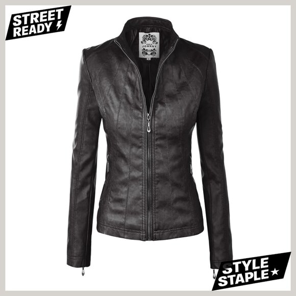 Faux Leather Moto Jacket with Zippered Pockets and Stitching Detail